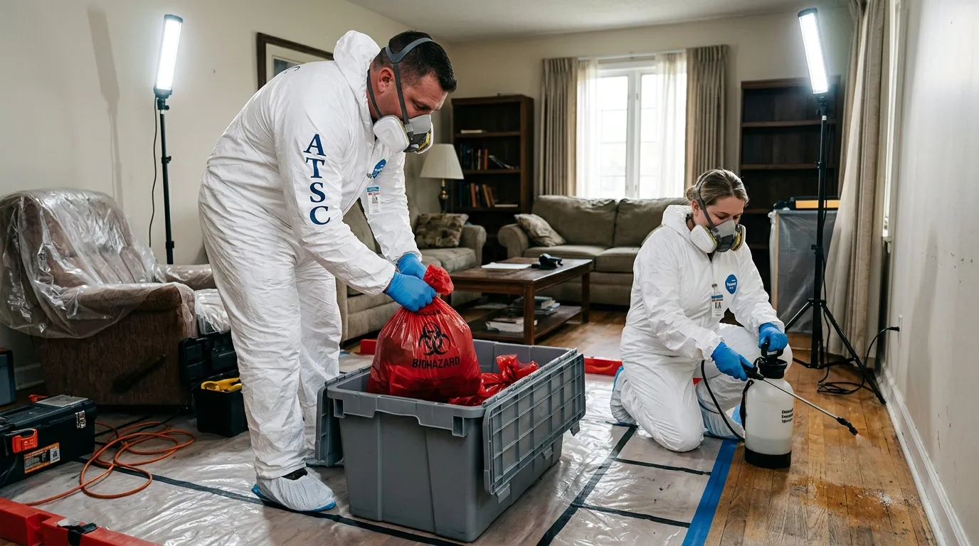 Professional Hoarding Cleanup technician in full PPE working in Irondequoit
